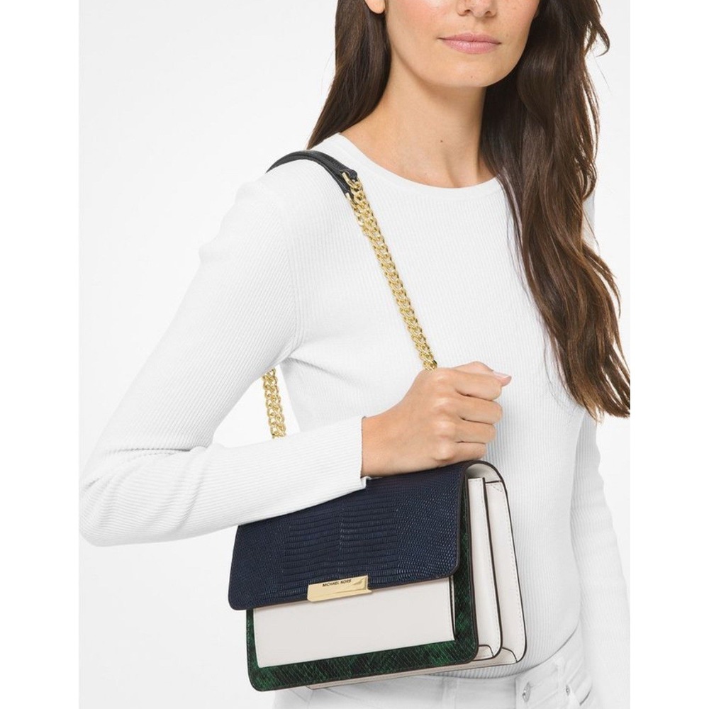Michael Kors Jade Gusset Leather Satchel Shoulder Bag Green Blue Ivory Old Money - Picture 1 of 16